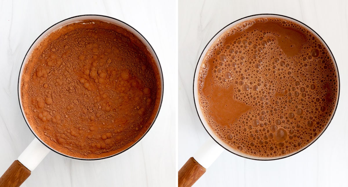 hot chocolate mixed in white saucepan.