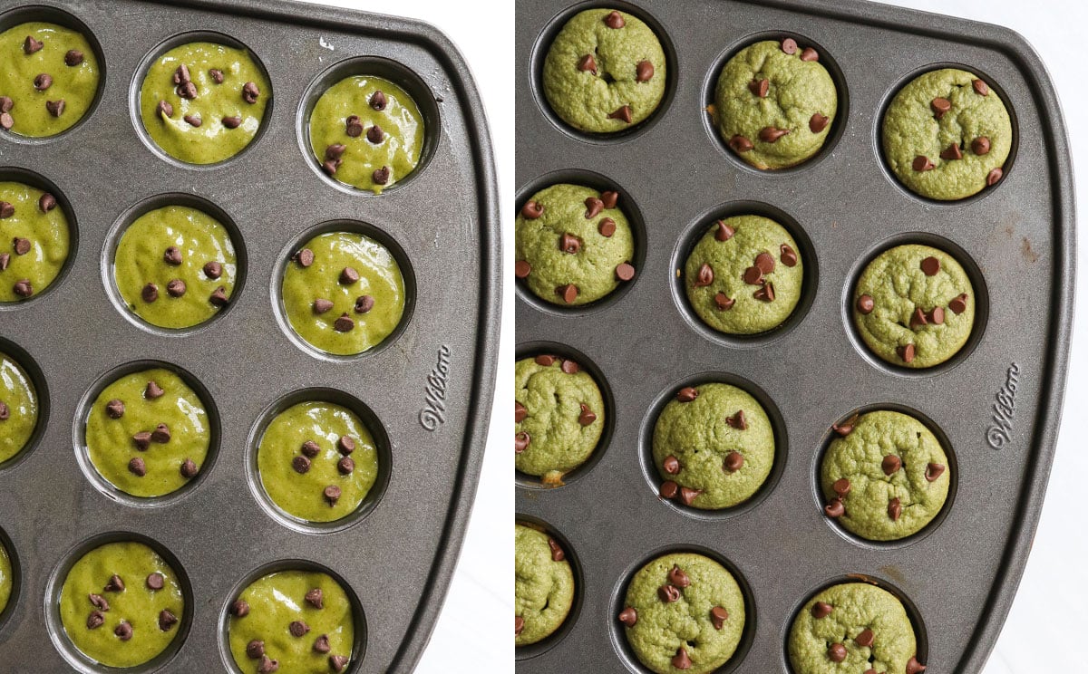 spinach muffins in pan before and after baking.