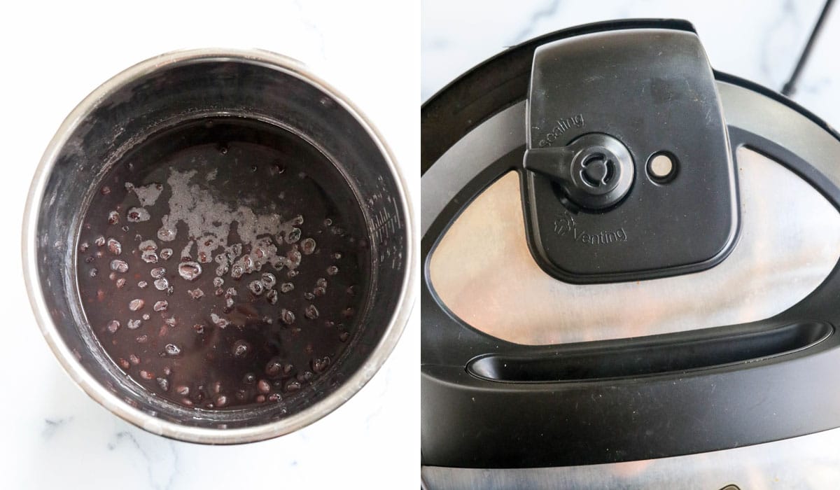 beans and water in instant pot with steam release valve