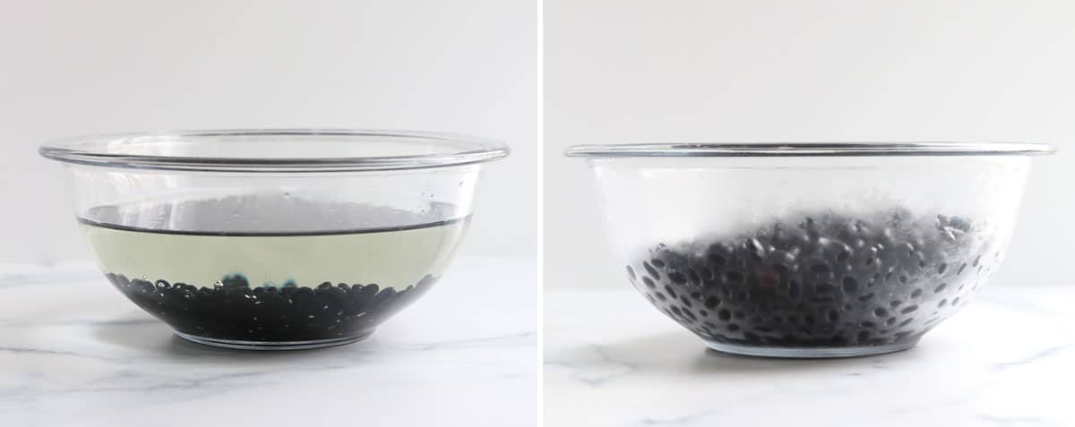 soaking black beans in glass bowl