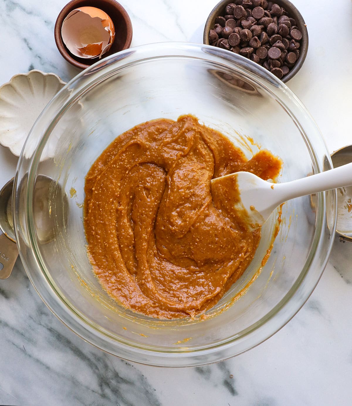 peanut butter mixed with egg, honey, baking powder, and salt.