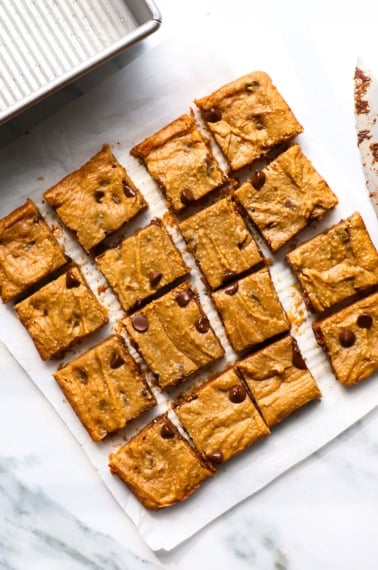 cooled blondies cut into 16 squares.
