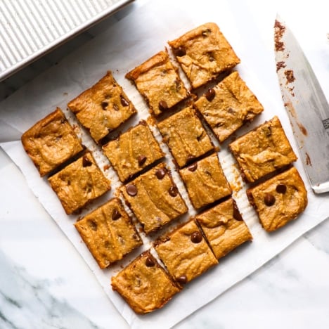 cooled blondies cut into 16 squares.