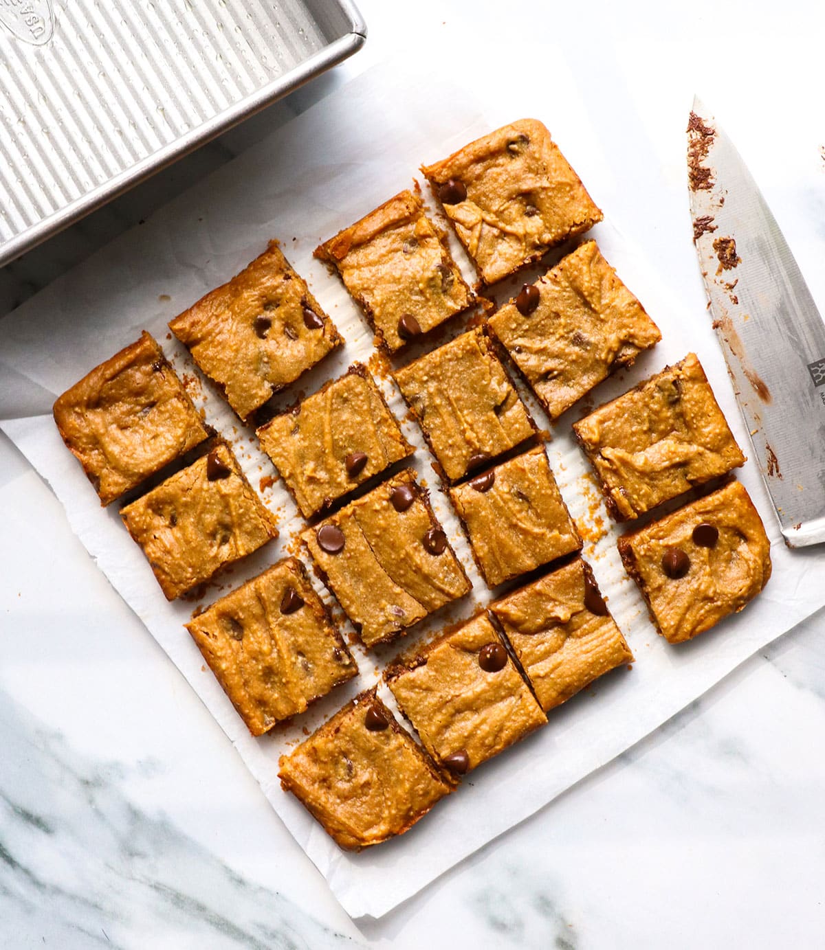 cooled blondies cut into 16 squares.