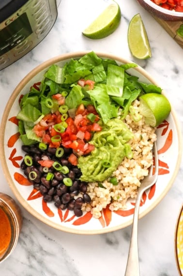 chipotle bowls overhead topped with pico de gallo and guacamole.