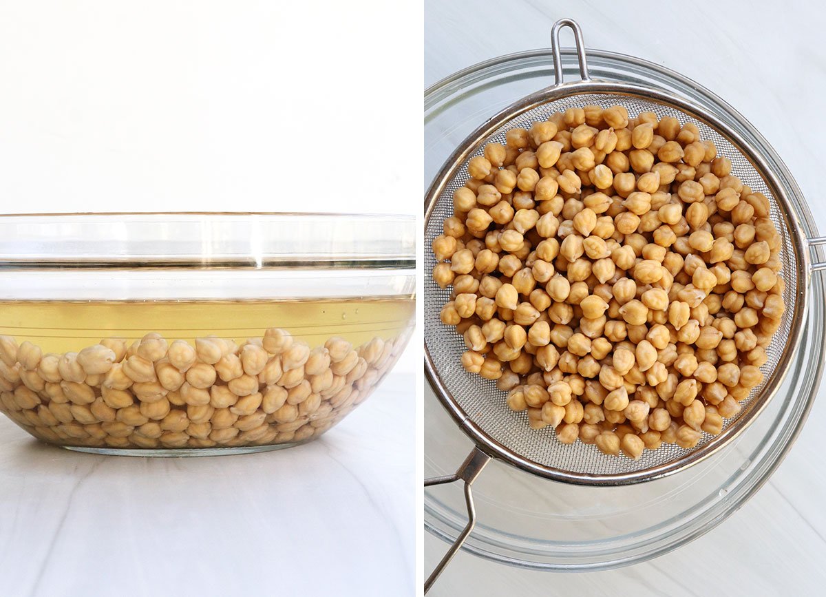 soaked chickpeas in glass bowl and drained.
