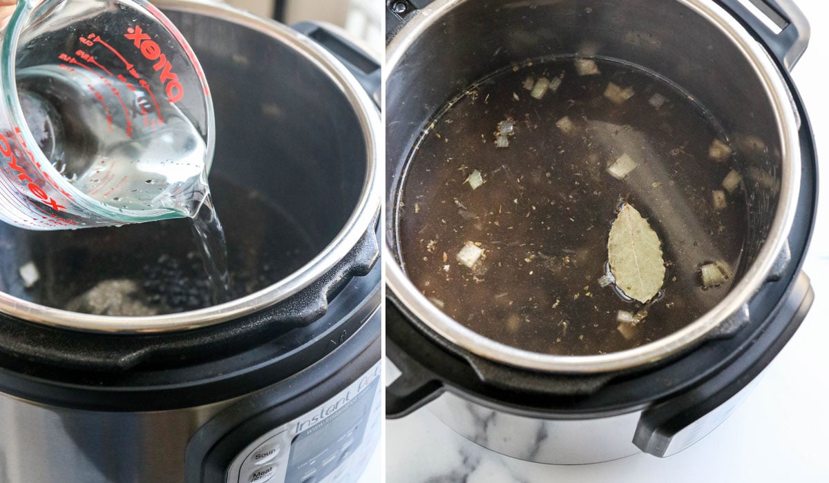 adding water and seasoning to instant pot