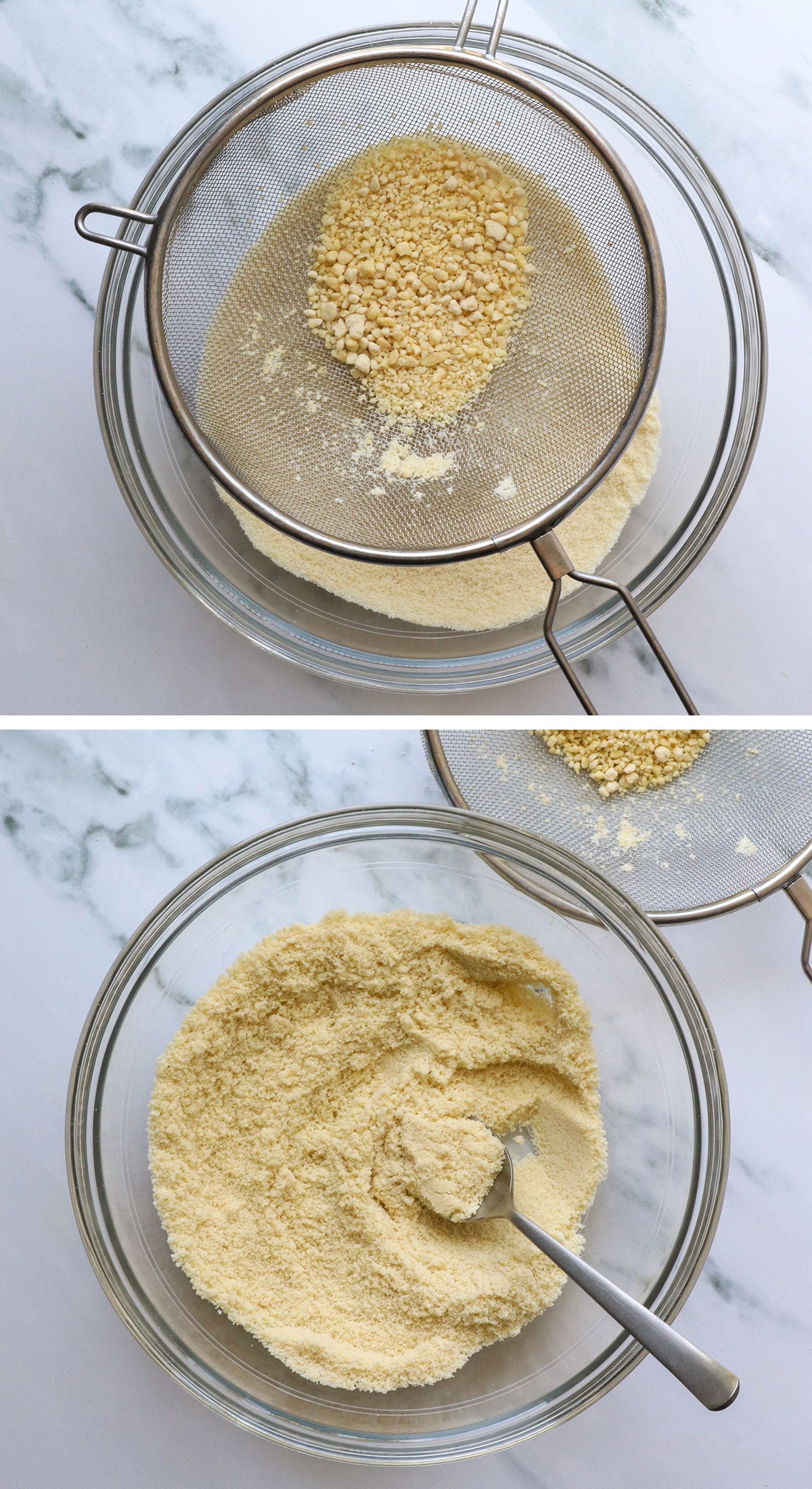 fine mesh strainer filtering the almond flour.