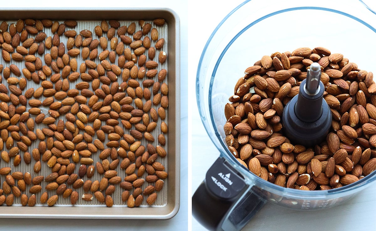 almonds toasted on a pan and added to food processor.