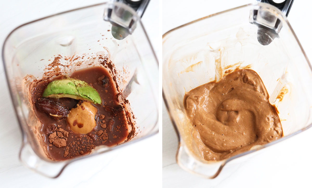 chocolate avocado smoothie ingredients in blender.