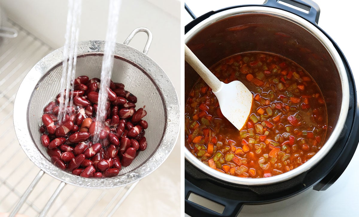 rinsed beans in a strainer and uncooked chili in the instant pot.