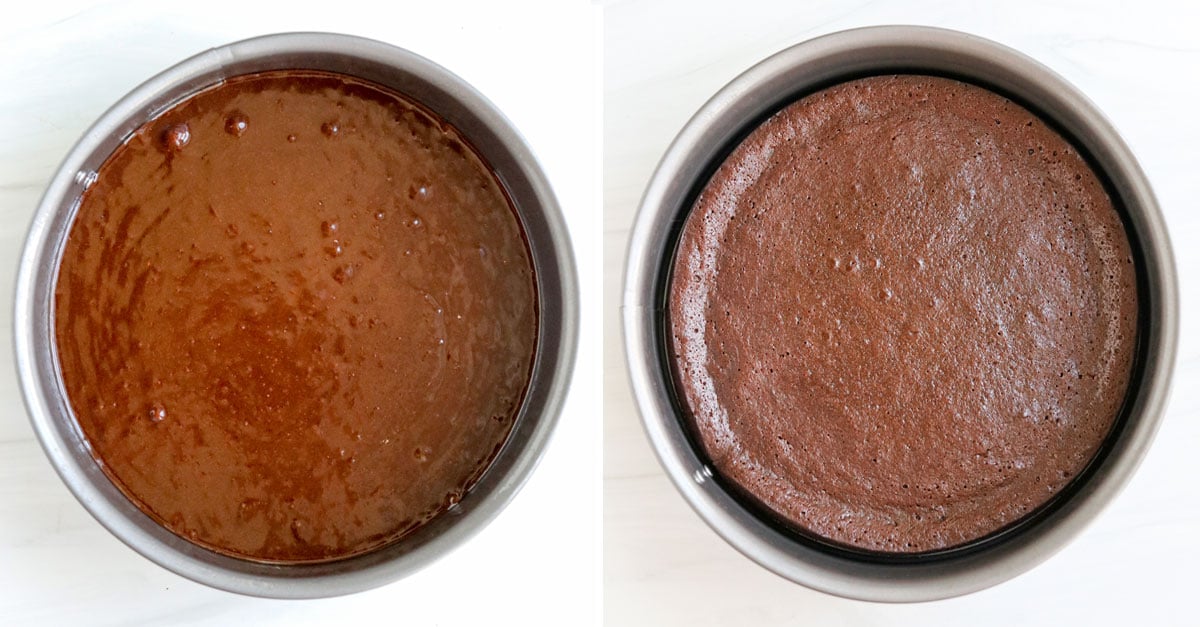 before and after cake in pan.