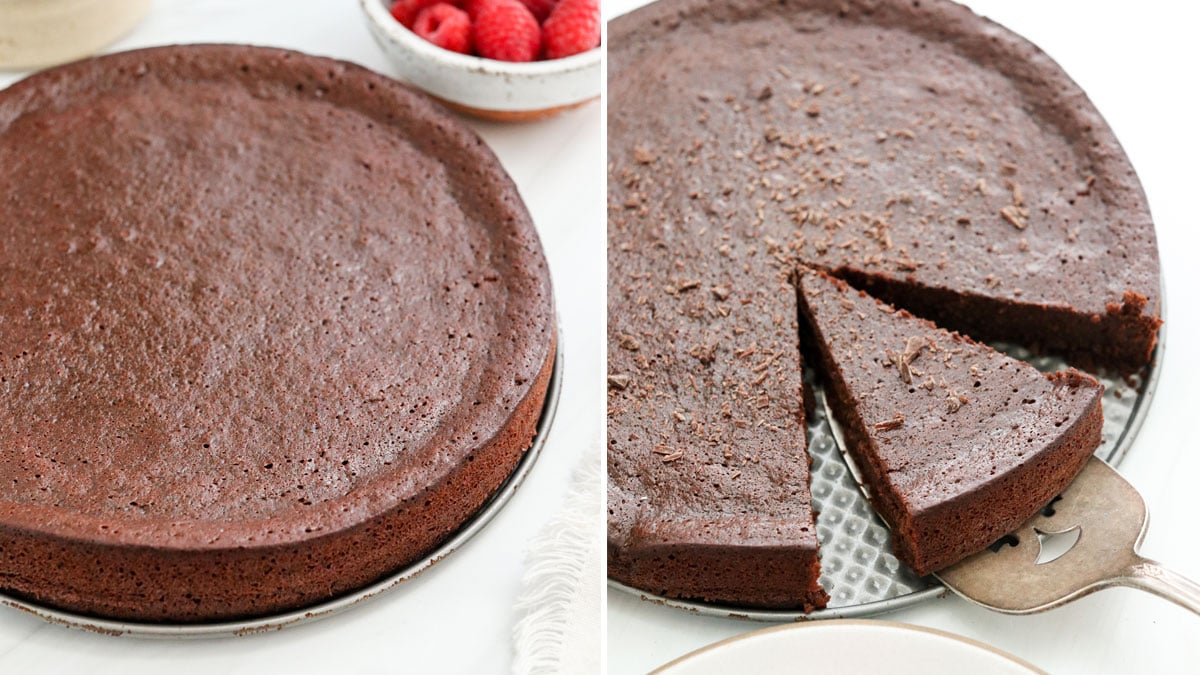 finished flourless cake sliced and ready to serve.