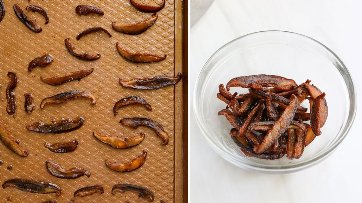 cooked mushroom bacon on pan.