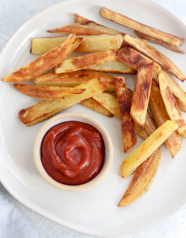 fries and homemade ketchup on plate