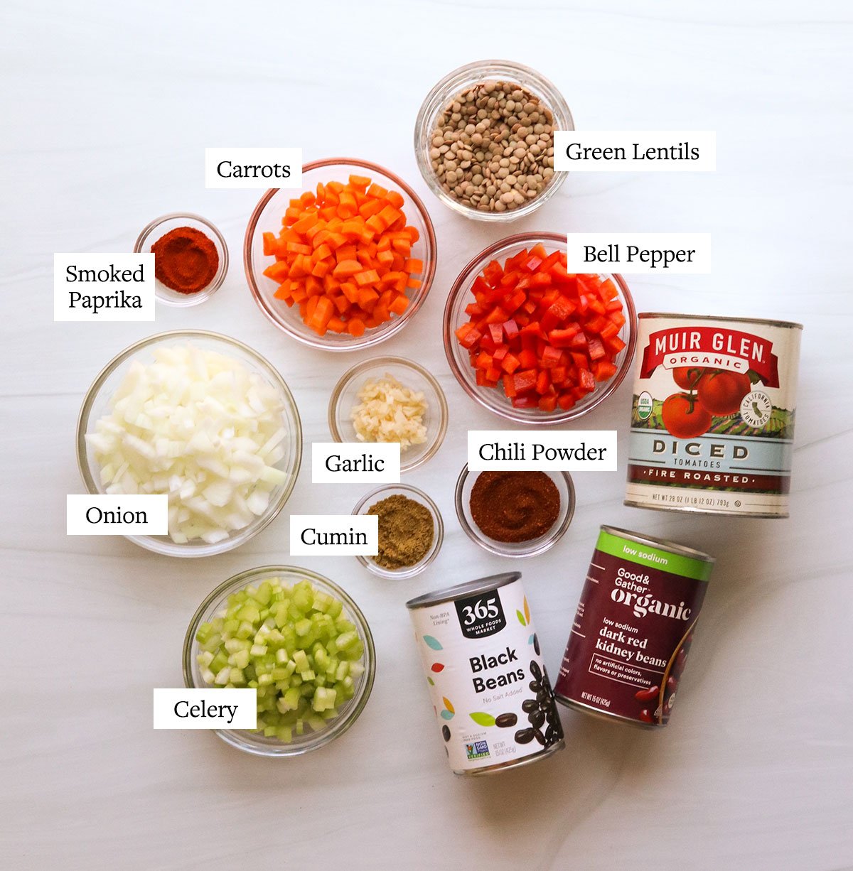 vegan chili ingredients labeled on a white surface.