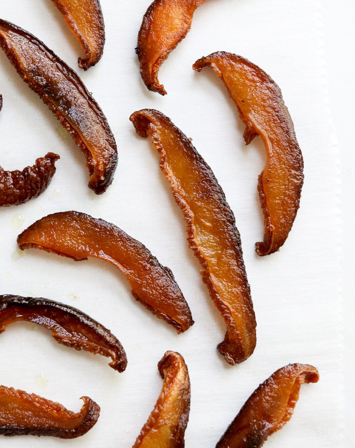 mushroom bacon on white parchment paper.