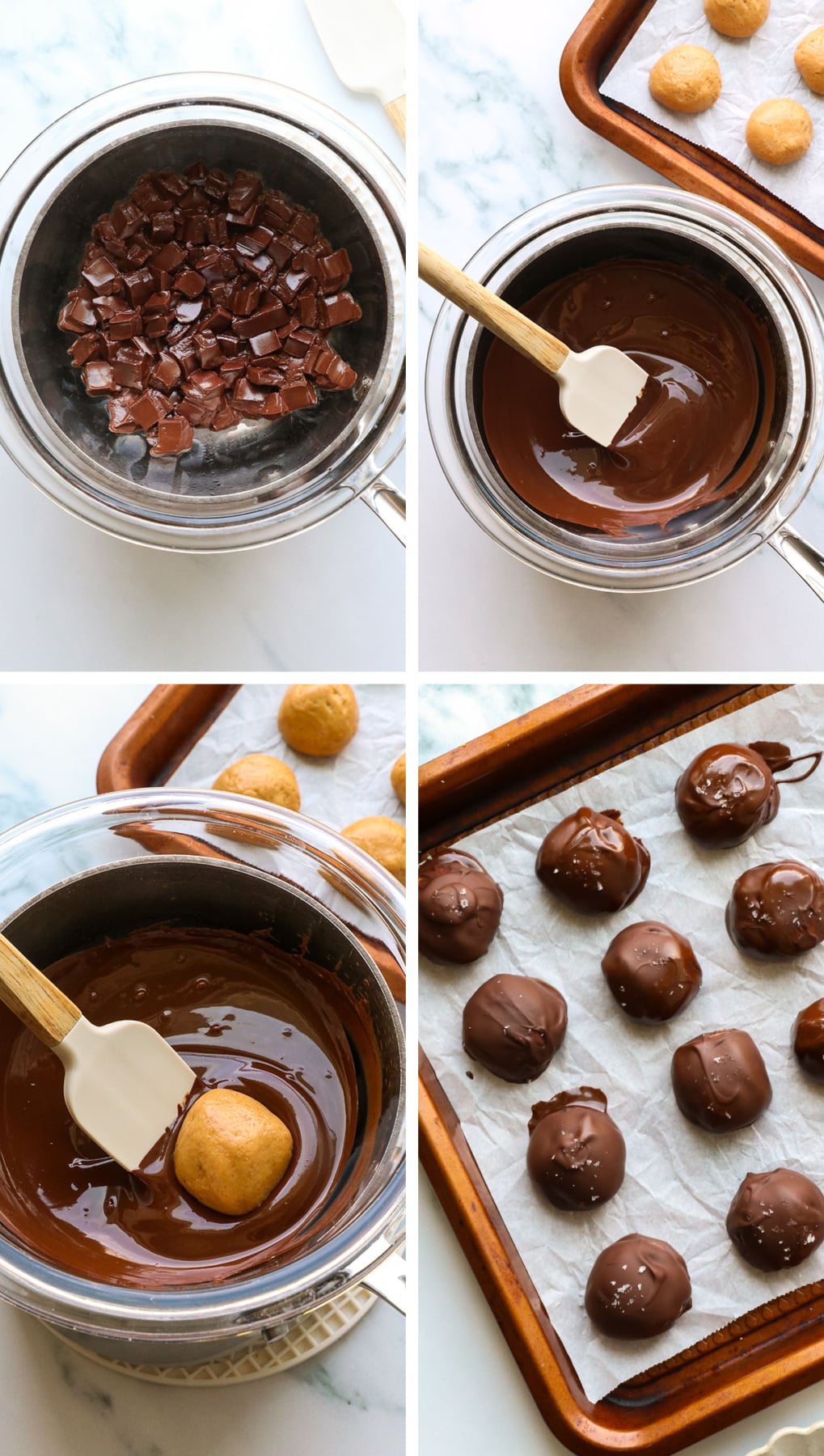 melted chocolate in a saucepan and peanut butter balls dipped in it.