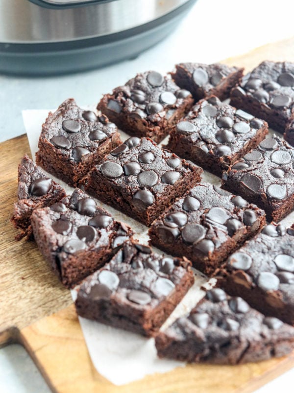 instant pot brownies cut on a board