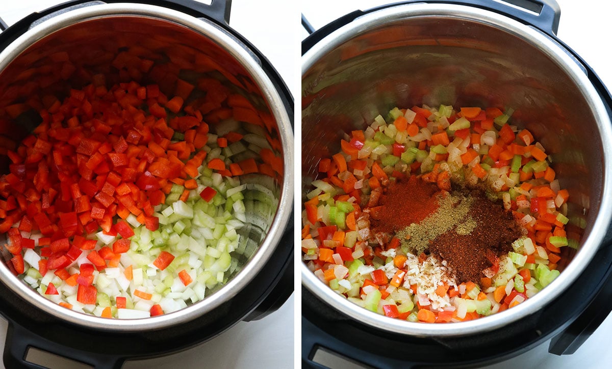 vegetables sauteed in the Instant pot to start vegan chili.