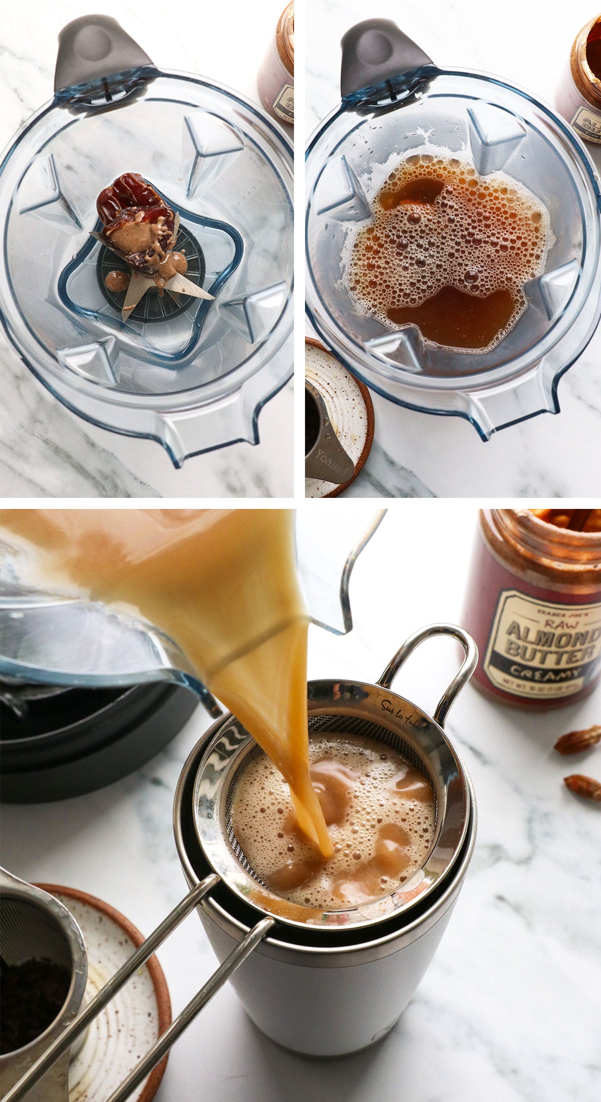 dates, almond butter, and tea blended together and poured through a strainer.