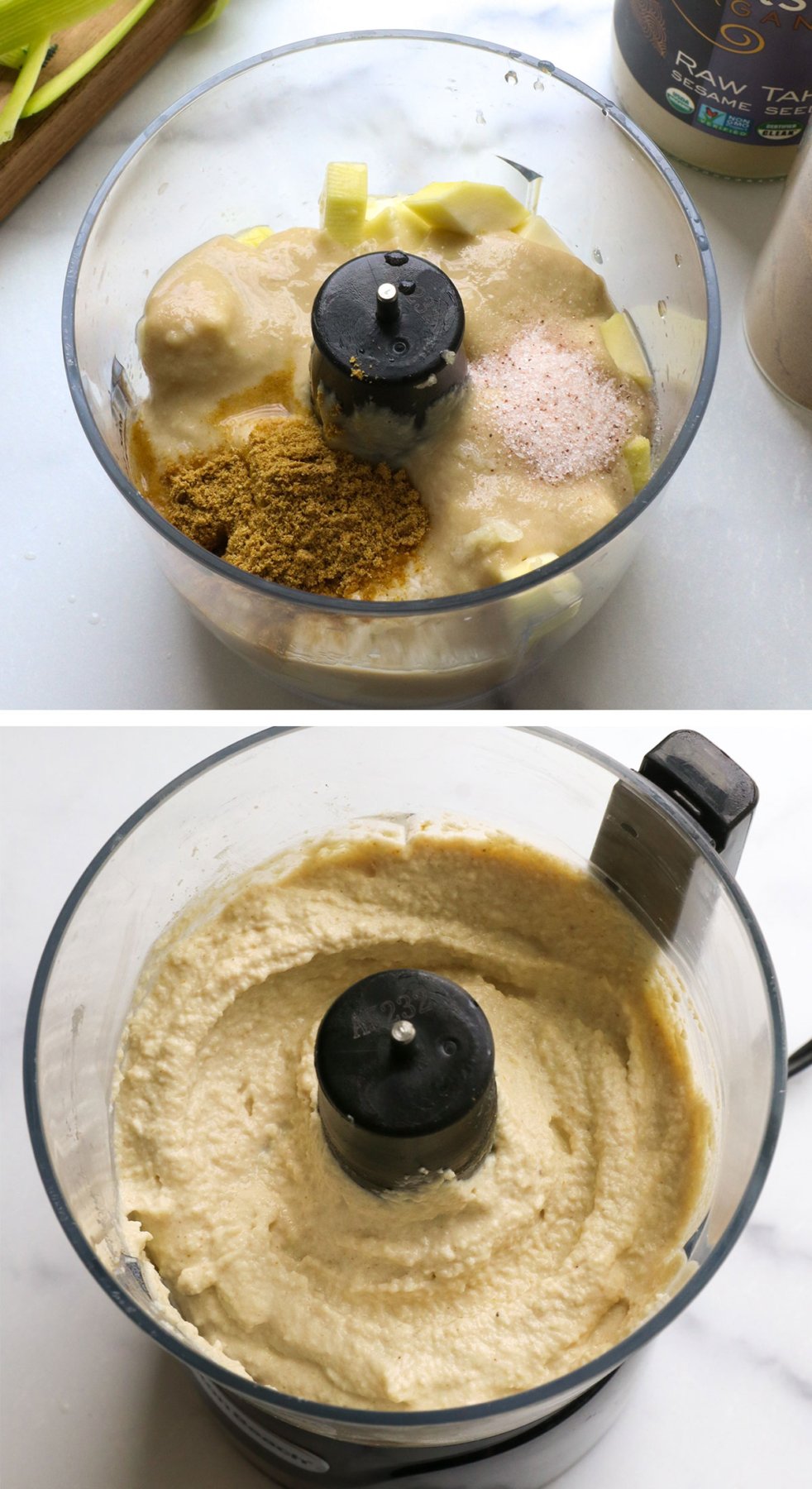 zucchini hummus blended in a mini food processor. 