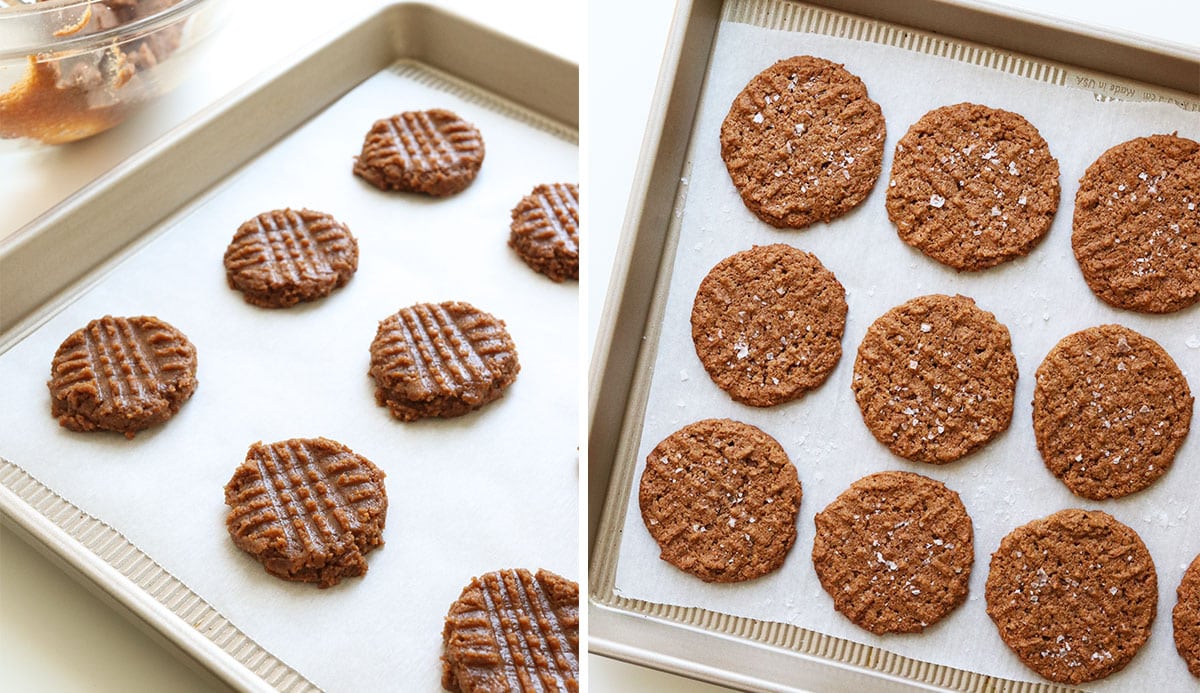 almond butter cookies on the baking sheet before and after baking.