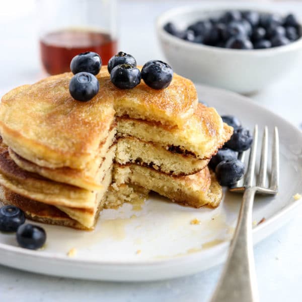 almond flour pancakes with bite out of them