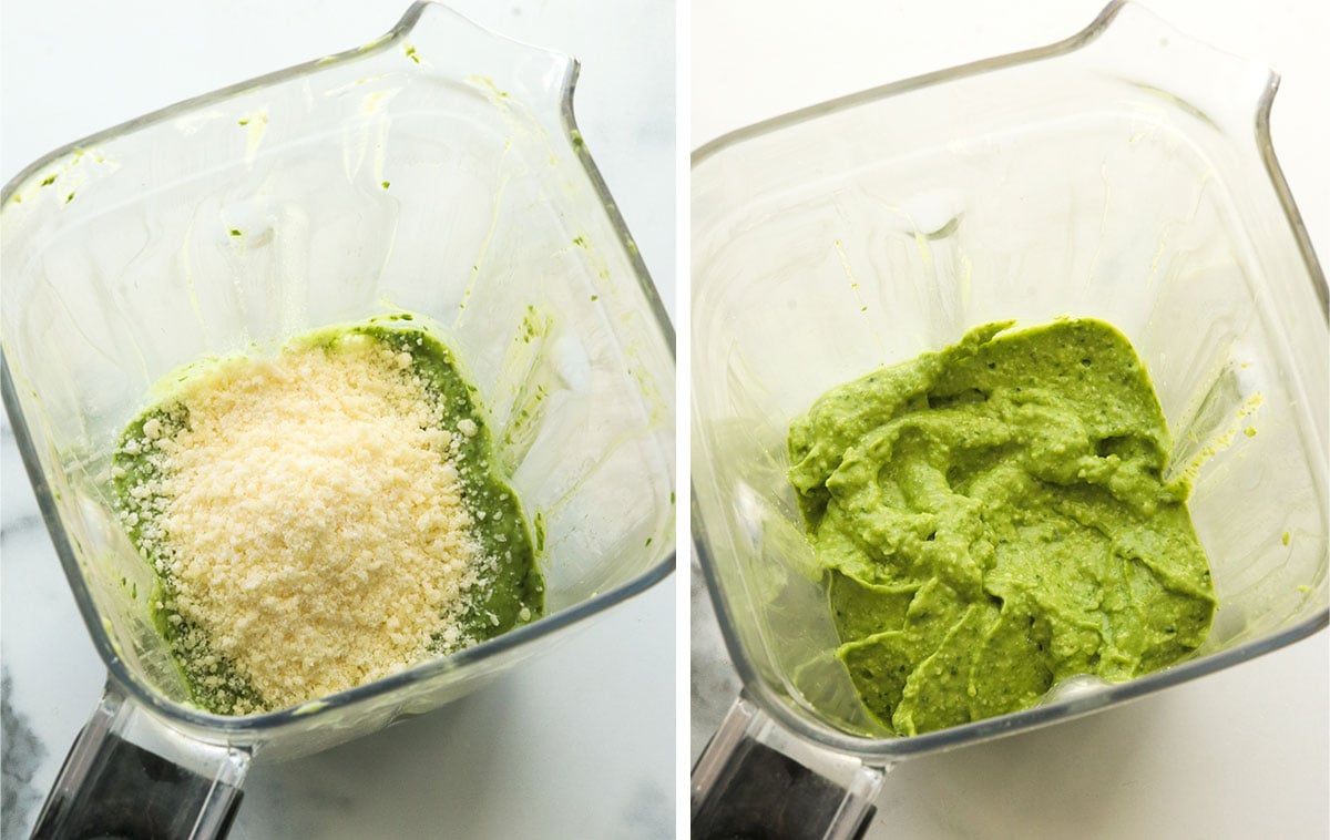 grated parmesan cheese added to a blender full of avocado pesto sauce.