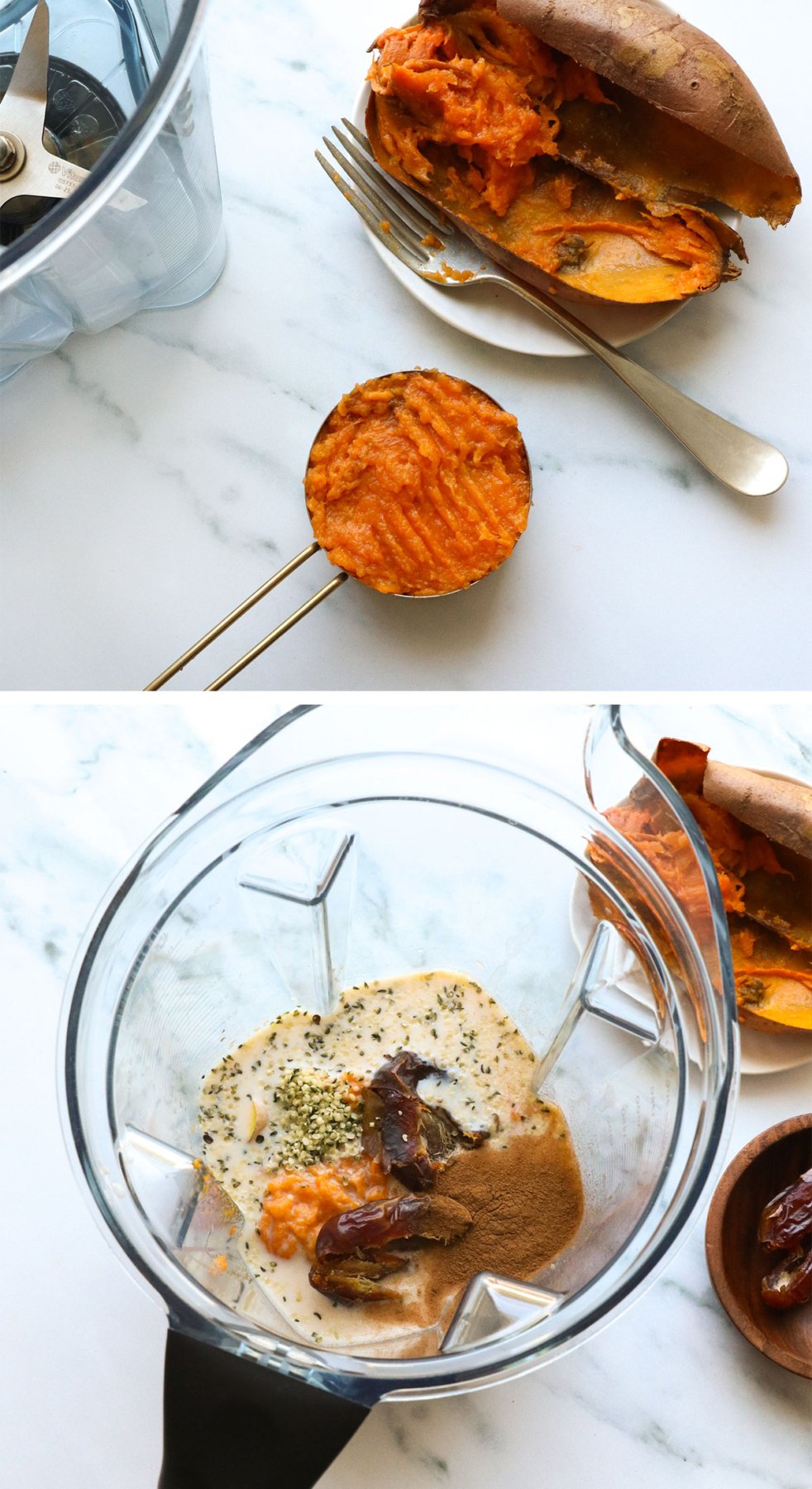 measured sweet potato and added to a blender with dates, spices, and milk. 