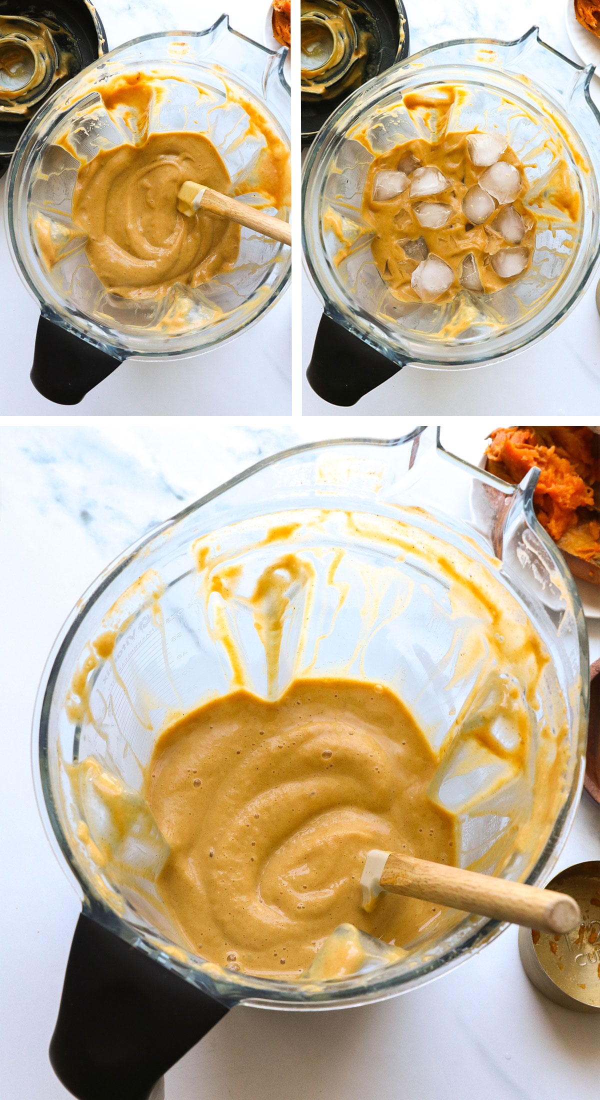 ice added to sweet potato smoothie in a blender.
