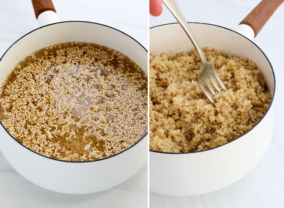 quinoa before and after cooking in white saucepan
