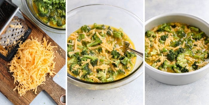 broccoli and cheddar mixed with eggs in bowl