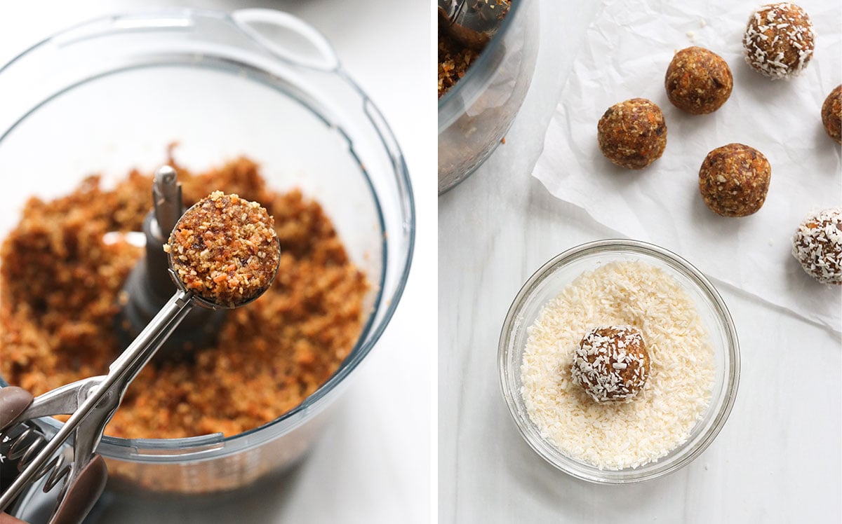 carrot cake energy balls scooped and rolled in shredded coconut.