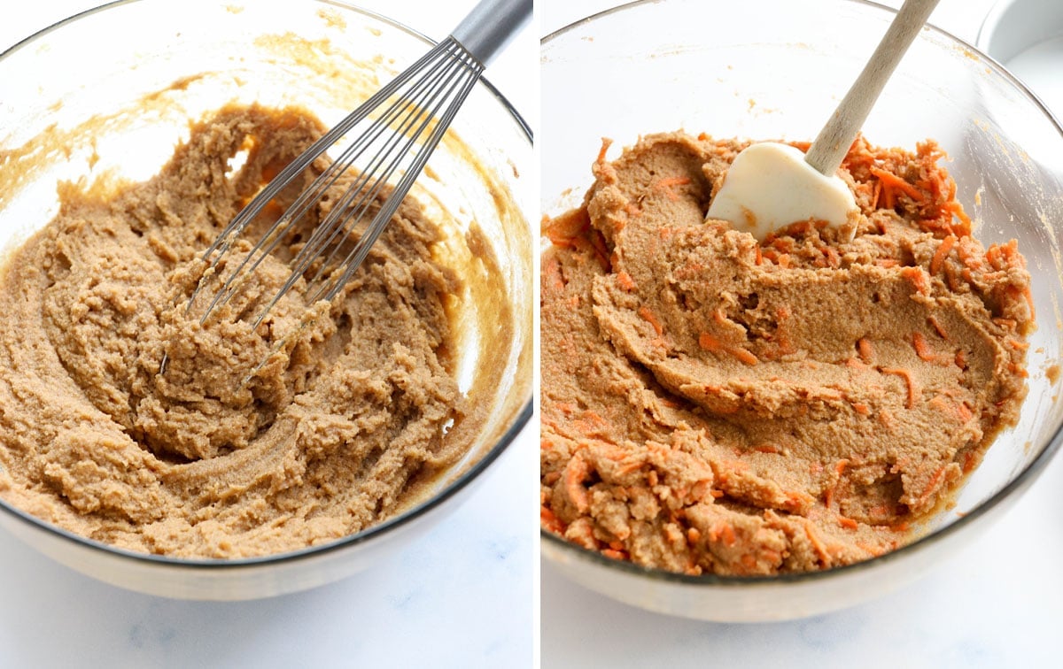 healthy carrot cake batter in a glass bowl