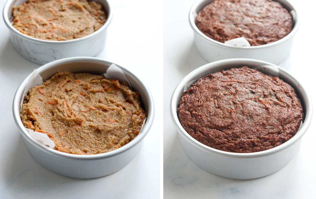 healthy carrot cake in two 6-inch pans