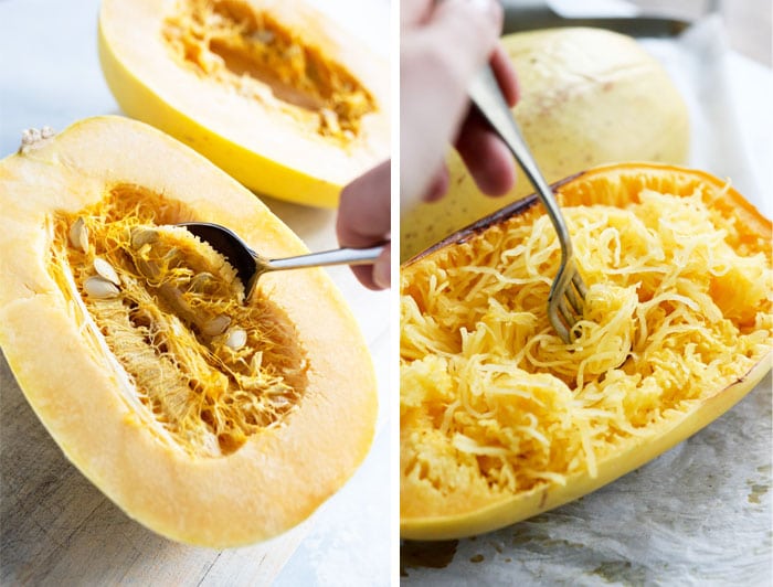spoon scooping spaghetti squash middle