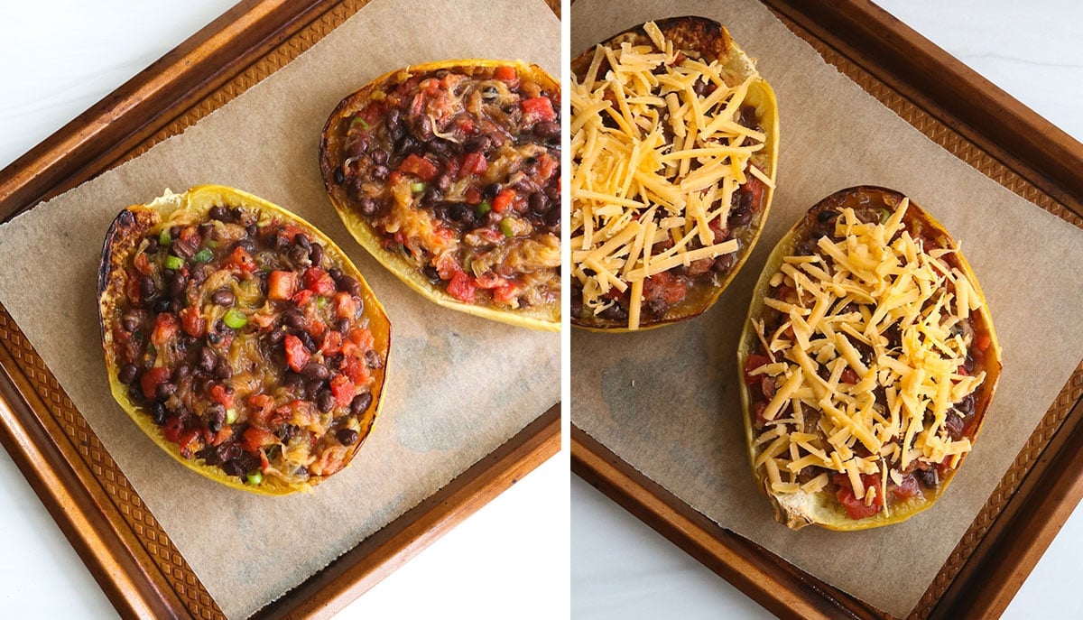 filling added to squash shells and topped with cheese.