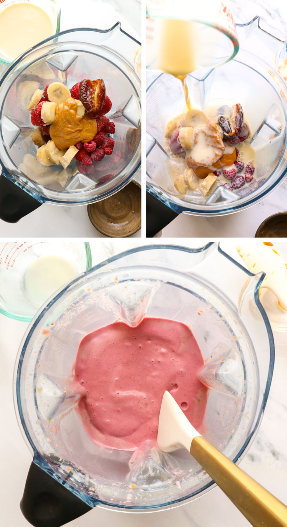 Ajoutez les ingrédients du smoothie PBJ dans le mélangeur en une seule fois et mélangez jusqu'à obtenir une consistance lisse. 