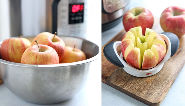 bowl of apples and one being cut