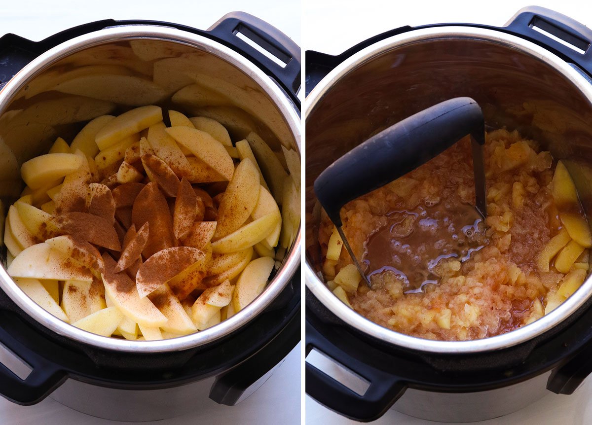 apple slices in the Instant Pot before and after cooking.