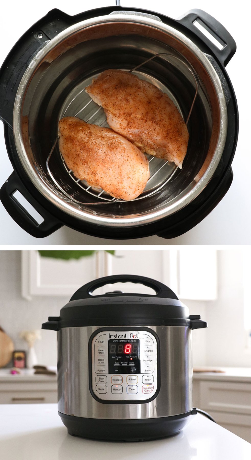 raw chicken breasts arranged on a trivet and the Instant pot set to cook for 8 minutes.