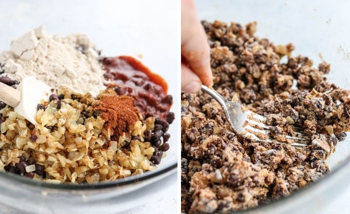 mezcla de hamburguesa de frijoles negros pegada con tenedor