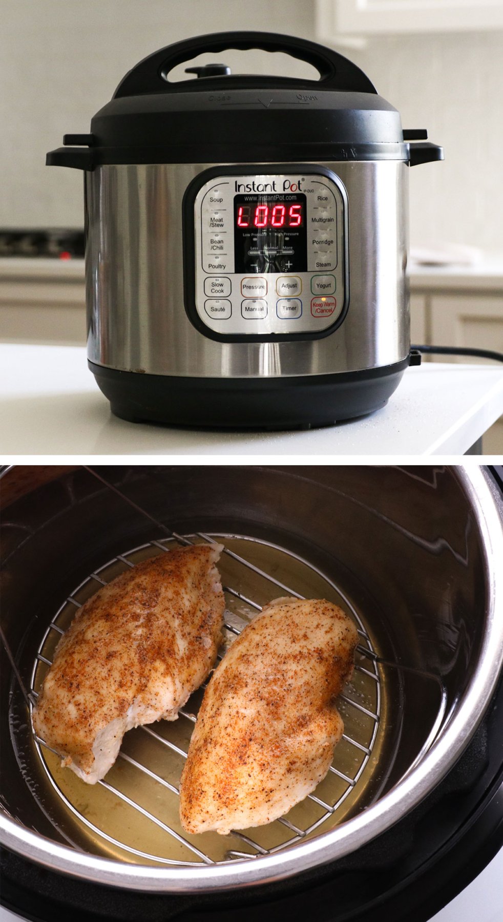 5 minute natural pressure release on the Instant Pot screen and cooked chicken breasts on a trivet.