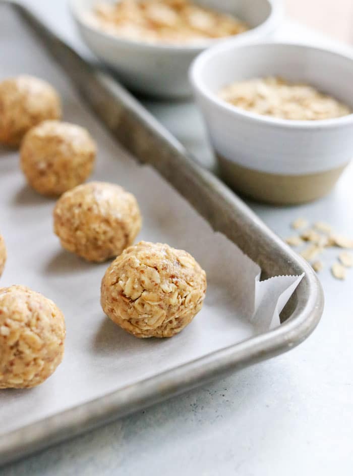 peanut butter protein balls on a pan