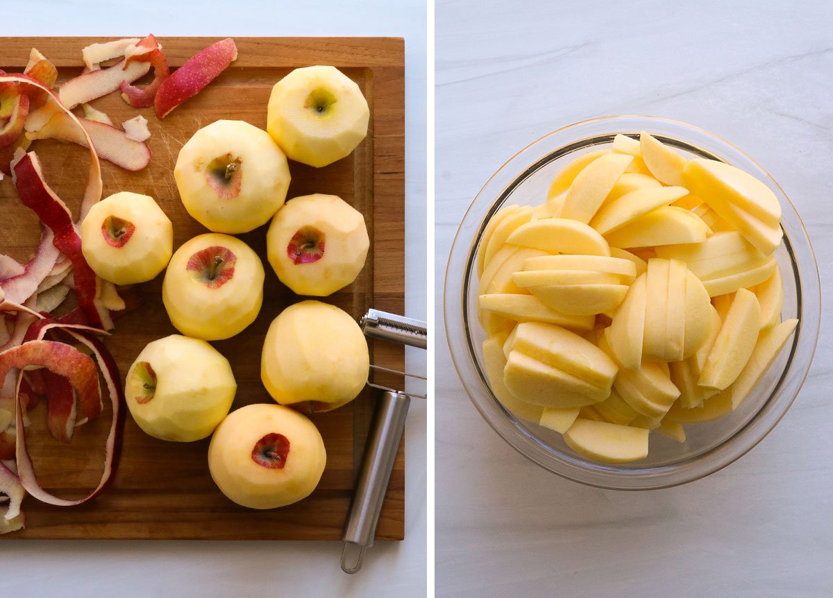 peeled and sliced apples prepared for making applesauce.