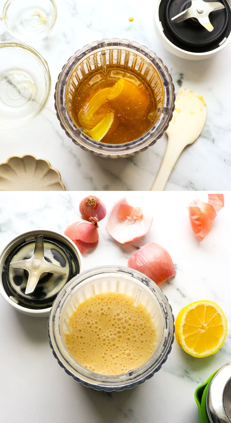 shallot, olive oil, honey, lemon juice, and salt added to a blender and blended.