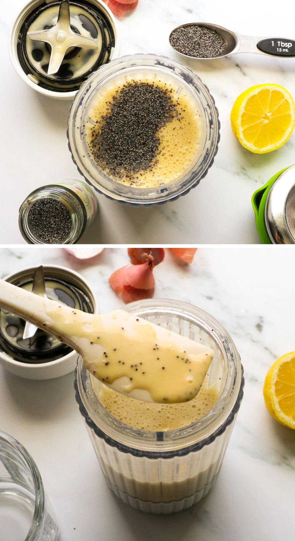 poppy seeds added to dressing in a blender.