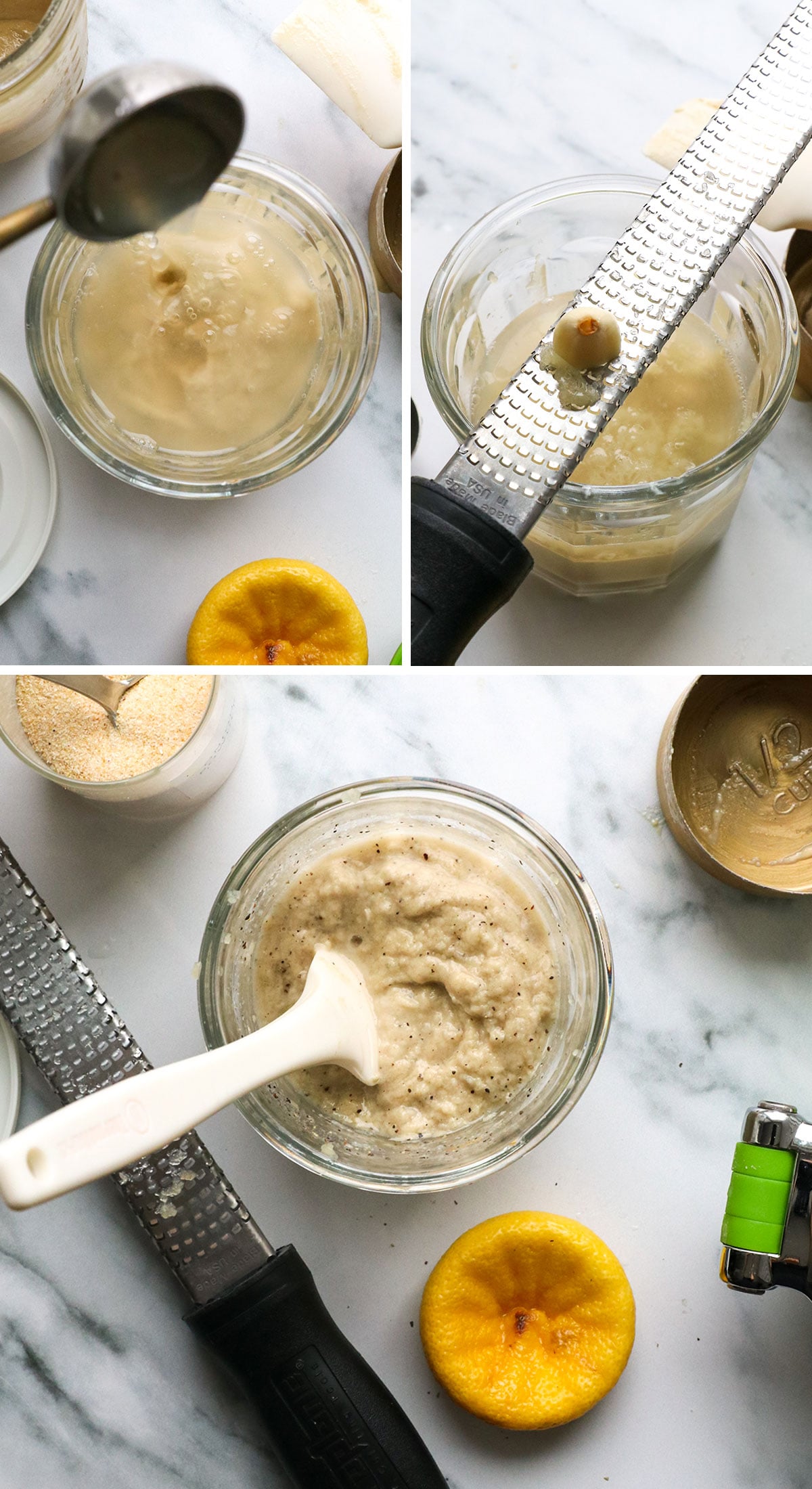 lemon juice and garlic added to tahini for dressing.