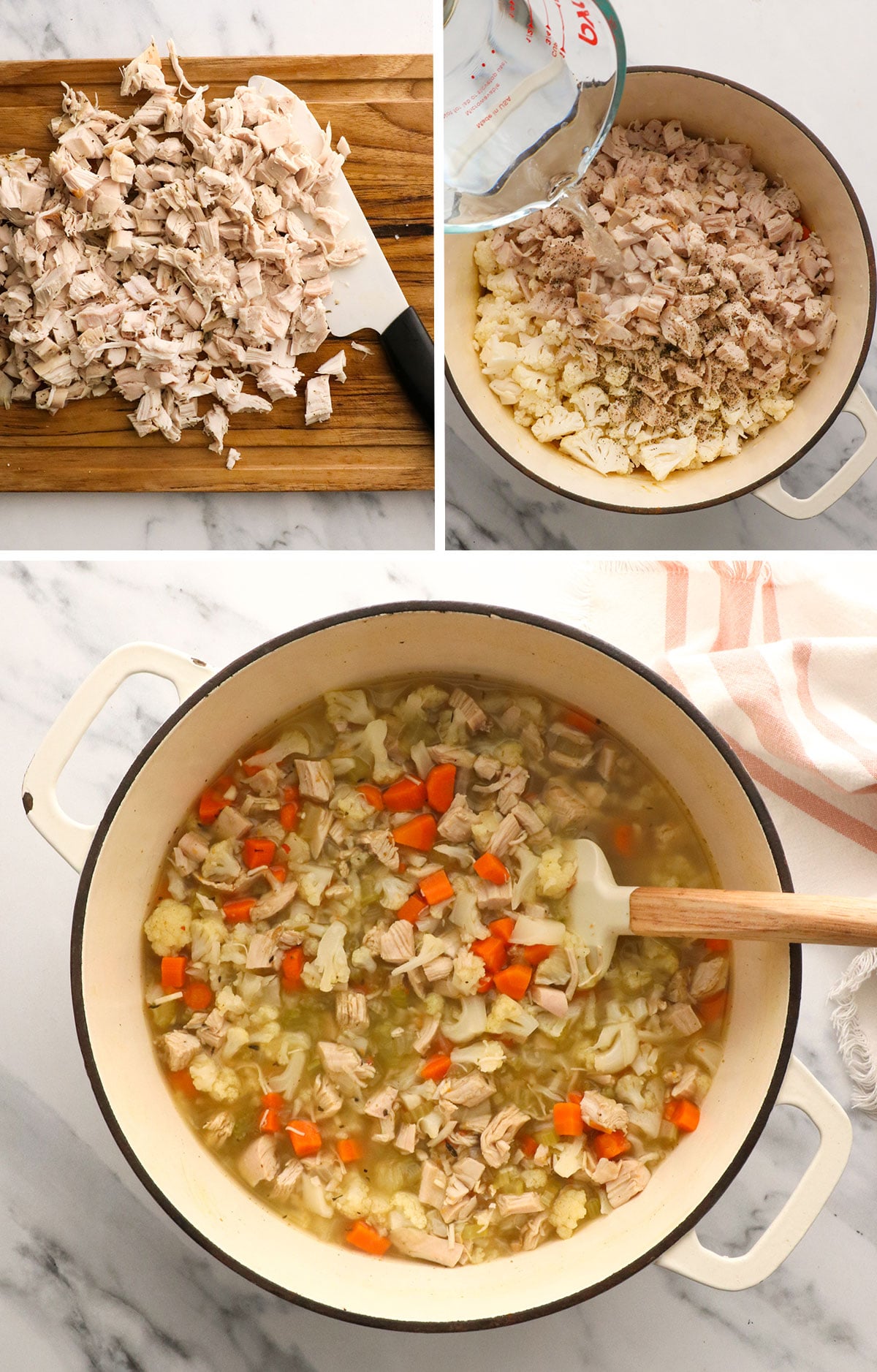 turkey added to soup with water and cauliflower.